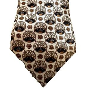 LANVIN Paris 100% silk geometric art circles print tie, gold & navy on cream